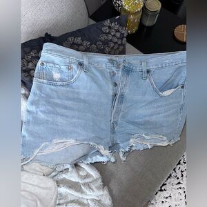 Levi’s 501 light blue distressed denim short, size 34